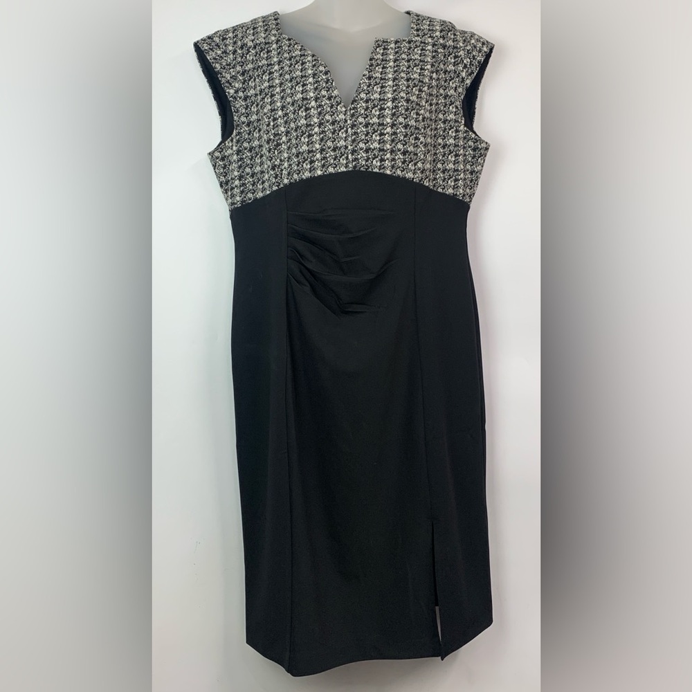Ellen Tracy Black and White Tweed-Bodice Midi Sheath Dress Size L